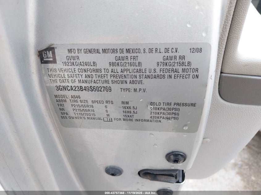 2009 Chevrolet Hhr Lt VIN: 3GNCA23B49S602769 Lot: 43757368