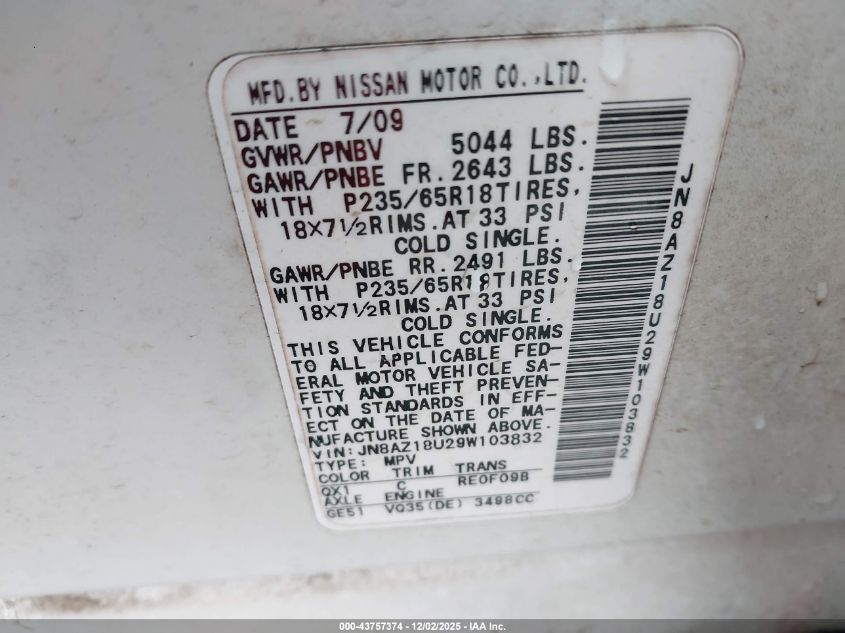 2009 Nissan Murano Sl VIN: JN8AZ18U29W103832 Lot: 43757374
