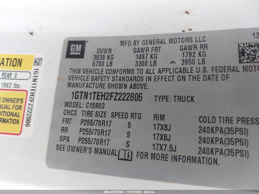 2015 GMC Sierra 1500 VIN: 1GTN1TEH2FZ222806 Lot: 43757384