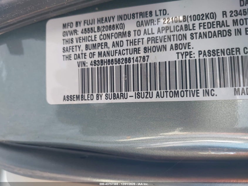 4S3BH665626614767 2002 SUBARU OUTBACK photo no. 9