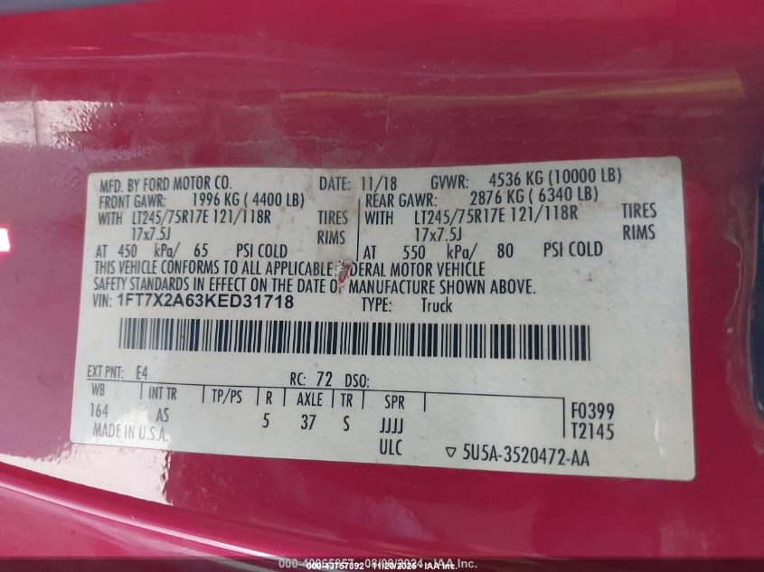 2019 Ford F250 Super Duty VIN: 1FT7X2A63KED31718 Lot: 43757392