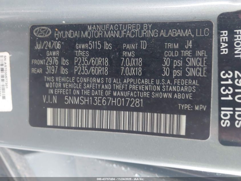 2007 Hyundai Santa Fe Limited/Se VIN: 5NMSH13E67H017281 Lot: 43757404