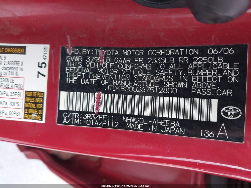 2006 Toyota Prius VIN: JTDKB20U267512800 Lot: 43757412