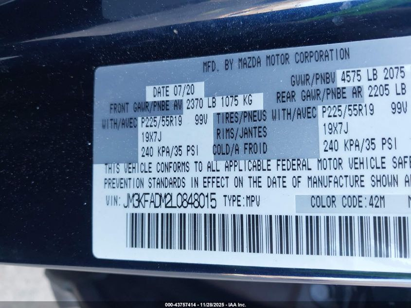 2020 Mazda Cx-5 Grand Touring VIN: JM3KFADM2L0848015 Lot: 43757414