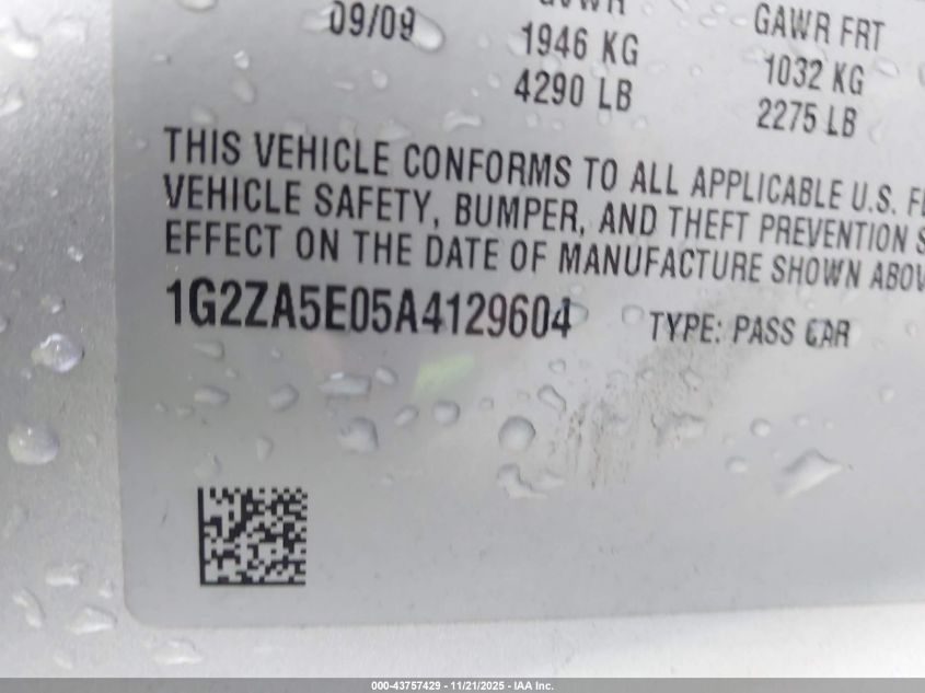 2010 Pontiac G6 VIN: 1G2ZA5E05A4129604 Lot: 43757429