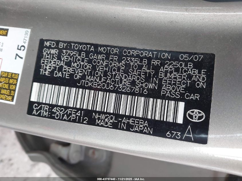 2007 Toyota Prius VIN: JTDKB20U673267816 Lot: 43757440