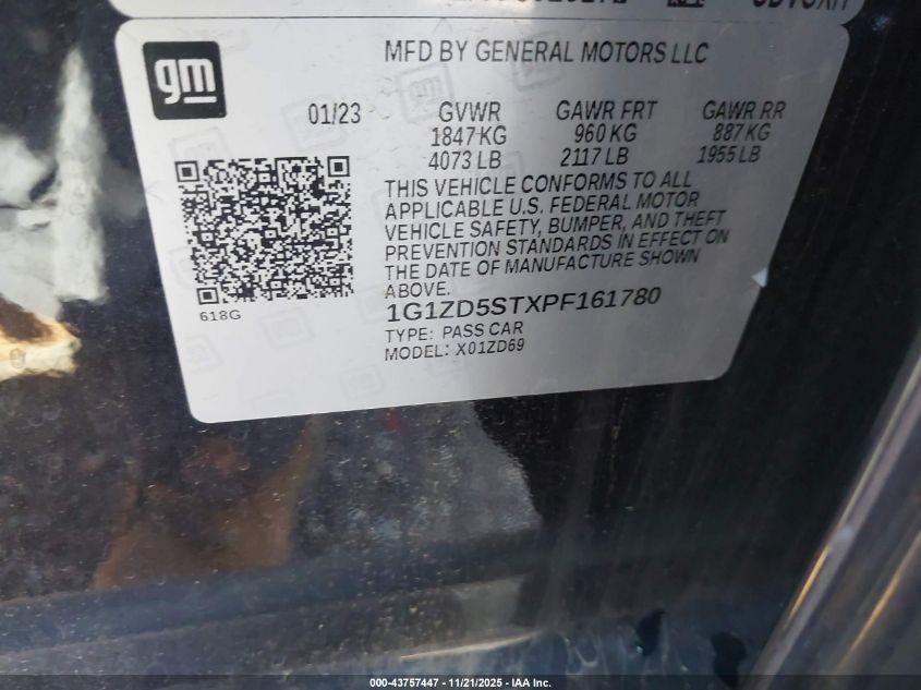 2023 Chevrolet Malibu Fwd 1Lt VIN: 1G1ZD5STXPF161780 Lot: 43757447