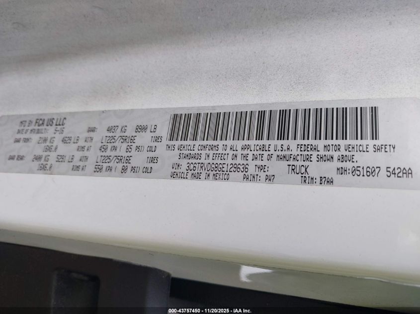 2016 Ram Promaster 2500 High Roof VIN: 3C6TRVDG8GE129636 Lot: 43757450