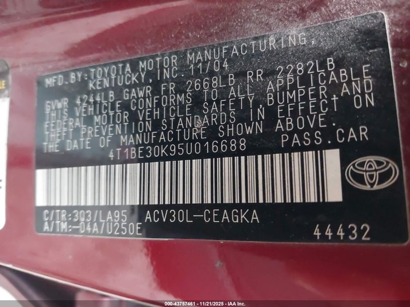 2005 Toyota Camry Xle VIN: 4T1BE30K95U016688 Lot: 43757461