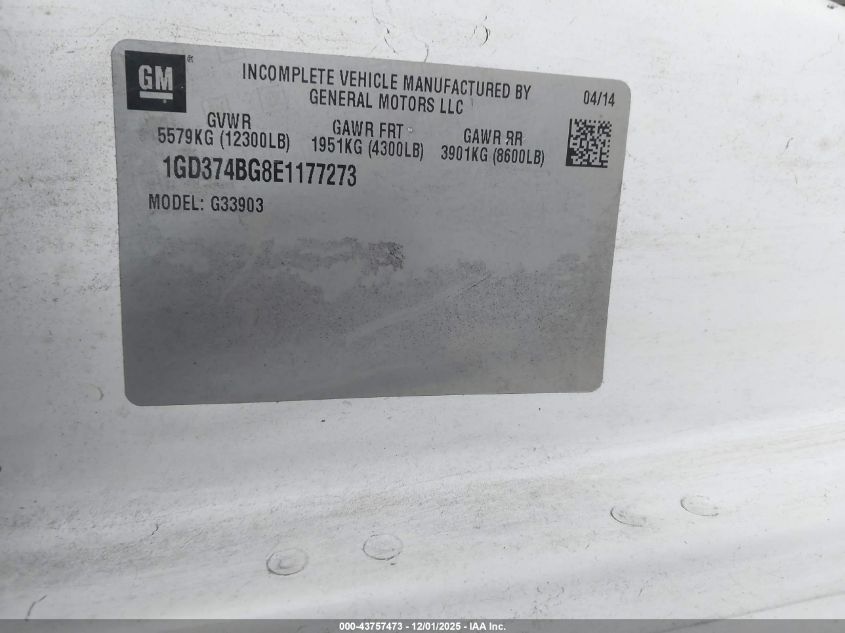 2014 GMC Savana Cutaway 3500 VIN: 1GD374BG8E1177273 Lot: 43757473