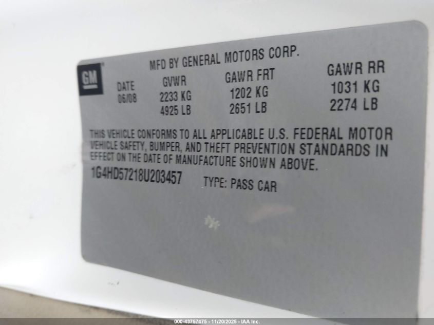 2008 Buick Lucerne Cxl VIN: 1G4HD57218U203457 Lot: 43757475