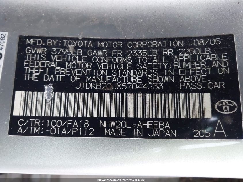 2005 Toyota Prius VIN: JTDKB20UX57044233 Lot: 43757476