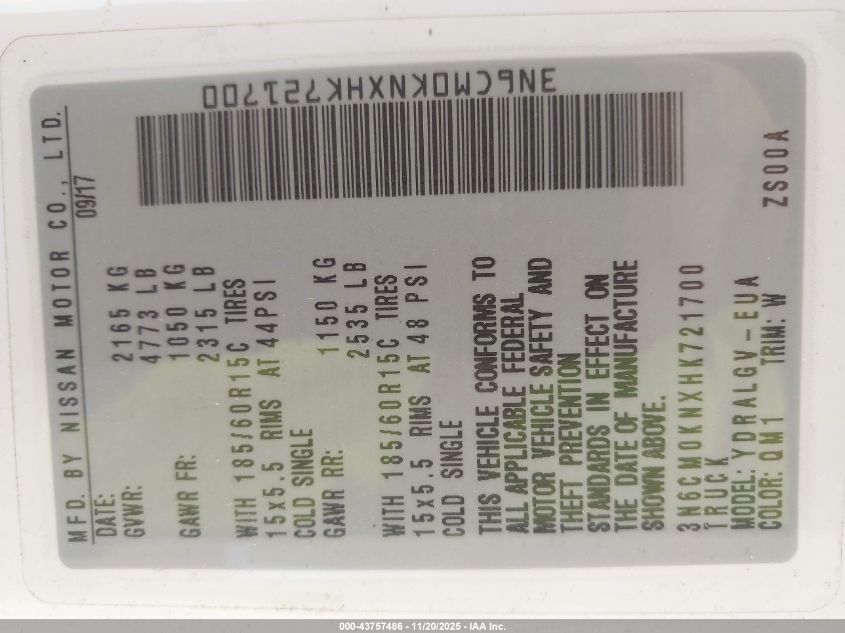 2017 Nissan Nv200 Sv VIN: 3N6CM0KNXHK721700 Lot: 43757486