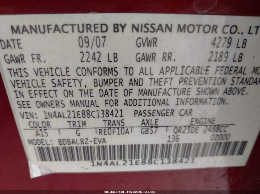 2008 Nissan Altima 2.5 S VIN: 1N4AL21E88C138421 Lot: 44000475