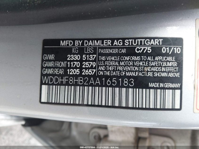 2010 Mercedes-Benz E 350 4Matic VIN: WDDHF8HB2AA165183 Lot: 43757504