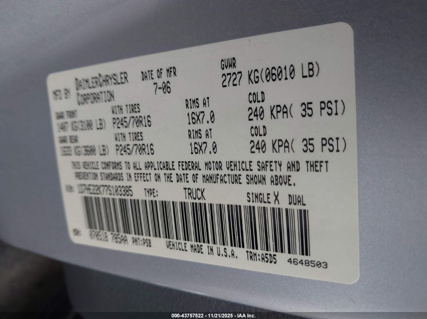 2007 Dodge Dakota St VIN: 1D7HE22K77S103385 Lot: 43757522