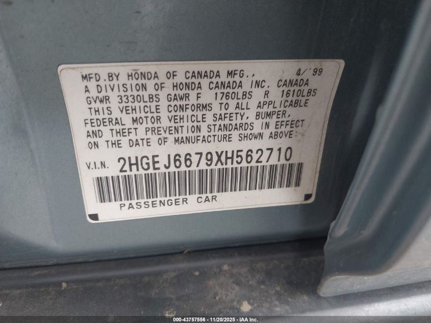 1999 Honda Civic Lx VIN: 2HGEJ6679XH562710 Lot: 43757556