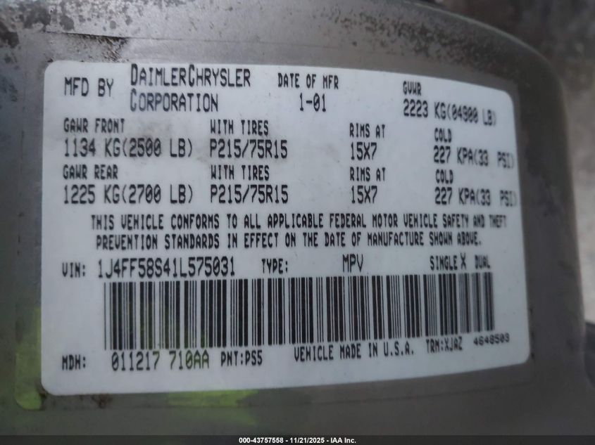2001 Jeep Cherokee Limited/Sport VIN: 1J4FF58S41L575031 Lot: 43757558