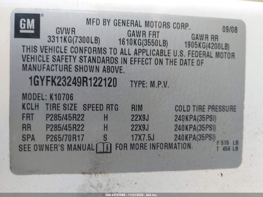 2009 Cadillac Escalade Standard VIN: 1GYFK23249R122120 Lot: 43757565