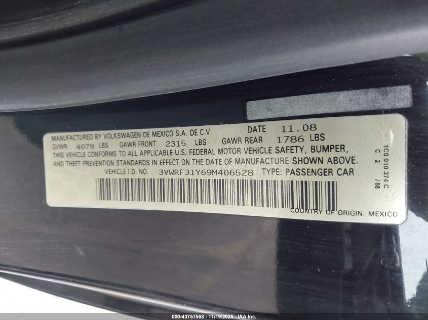 2009 Volkswagen New Beetle 2.5L VIN: 3VWRF31Y69M406528 Lot: 43757568