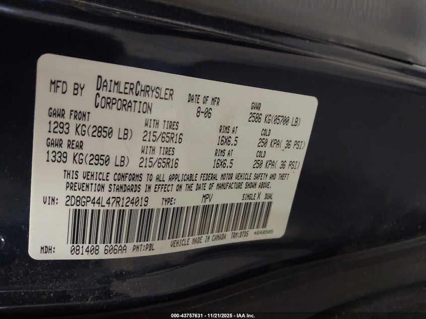 2007 Dodge Grand Caravan Sxt VIN: 2D8GP44L47R124019 Lot: 43757631