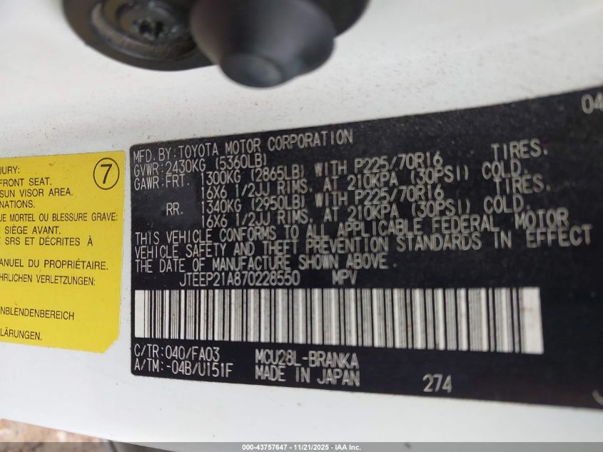 2007 Toyota Highlander V6 VIN: JTEEP21A870228550 Lot: 43757647