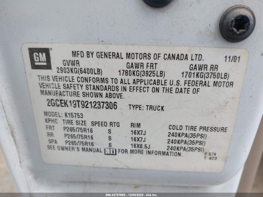 2002 Chevrolet Silverado 1500 Ls VIN: 2GCEK19T921237306 Lot: 43757665