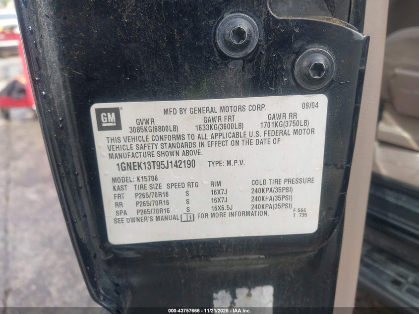 2005 Chevrolet Tahoe Ls VIN: 1GNEK13T95J142190 Lot: 43757666