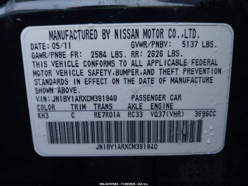 2012 Infiniti M37X VIN: JN1BY1ARXCM391940 Lot: 43757683