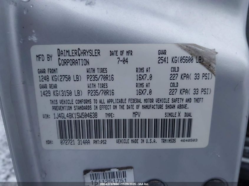 2005 Jeep Liberty Sport VIN: 1J4GL48K15W504638 Lot: 43757684