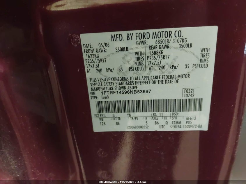 2006 Ford F-150 Fx4/Xl/Xlt VIN: 1FTRF14596NB53697 Lot: 43757690