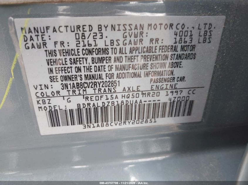 2024 Nissan Sentra Sv Xtronic Cvt VIN: 3N1AB8CV2RY202851 Lot: 43757706