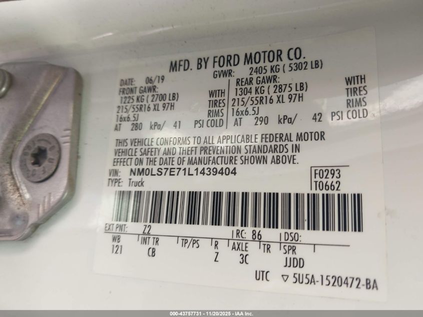 2020 Ford Transit Connect Xl VIN: NM0LS7E71L1439404 Lot: 43757731