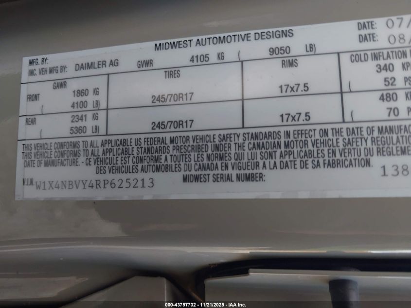 2024 Mercedes-Benz Sprinter 2500 Standard Roof 4-Cyl Diesel Ho VIN: W1X4NBVY4RP625213 Lot: 43757732