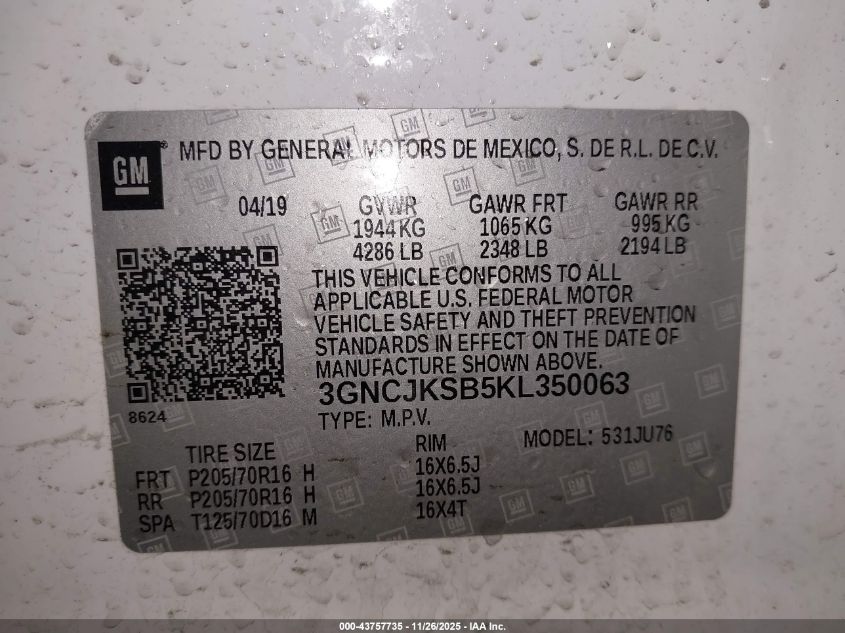 2019 Chevrolet Trax Ls VIN: 3GNCJKSB5KL350063 Lot: 43757735