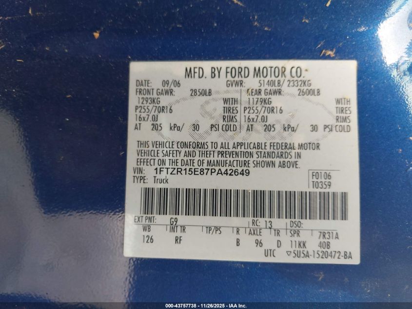 2007 Ford Ranger Fx4 Off-Road/Sport/Xl/Xlt VIN: 1FTZR15E87PA42649 Lot: 43757738