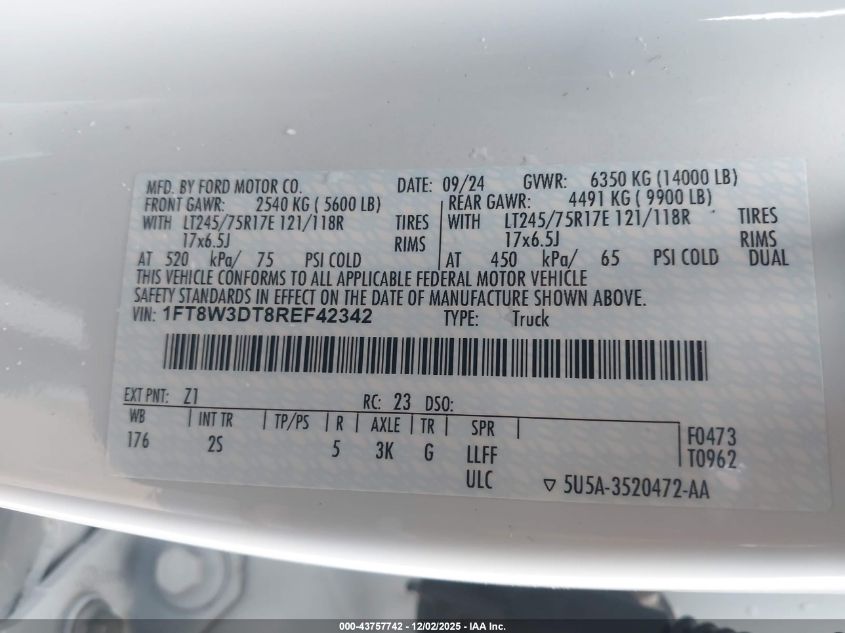 2024 Ford F-350 Xlt VIN: 1FT8W3DT8REF42342 Lot: 43757742