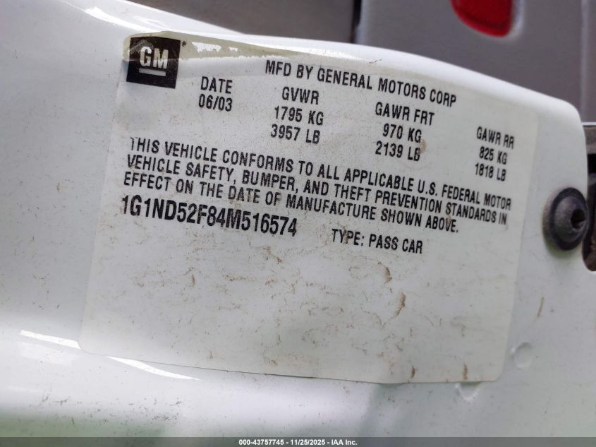 2004 Chevrolet Classic VIN: 1G1ND52F84M516574 Lot: 43757745