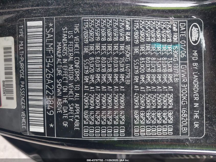 2006 Land Rover Range Rover Supercharged VIN: SALMF13426A223849 Lot: 43757755