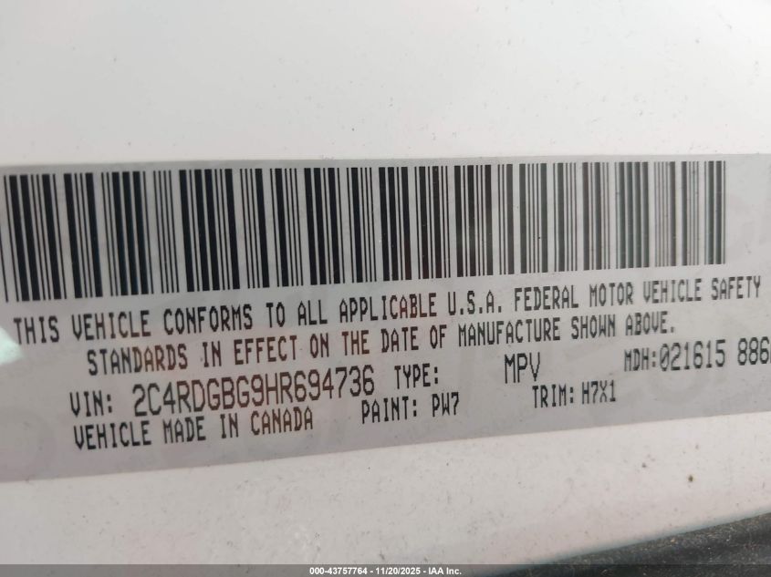 2017 Dodge Grand Caravan Se VIN: 2C4RDGBG9HR694736 Lot: 43757764
