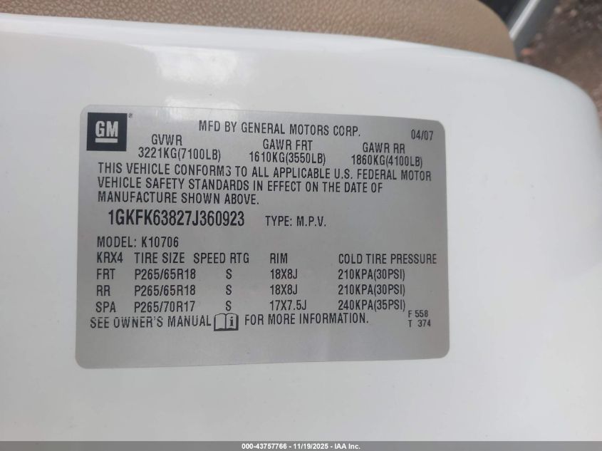2007 GMC Yukon Denali VIN: 1GKFK63827J360923 Lot: 43757766