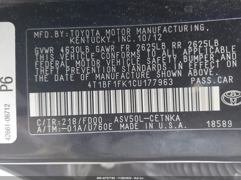 4T1BF1FK1CU177963 2012 TOYOTA CAMRY photo no. 9