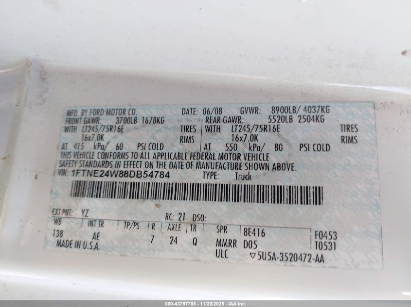 2008 Ford E-250 Commercial/Recreational VIN: 1FTNE24W88DB54784 Lot: 43757788