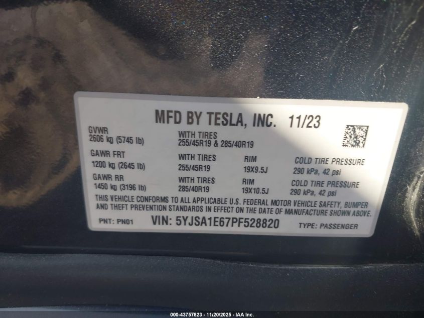 2023 Tesla Model S Plaid Tri Motor All-Wheel Drive VIN: 5YJSA1E67PF528820 Lot: 43757823