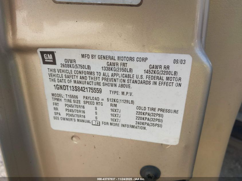 2004 Chevrolet Trailblazer Ls VIN: 1GNDT13S842175559 Lot: 43757837