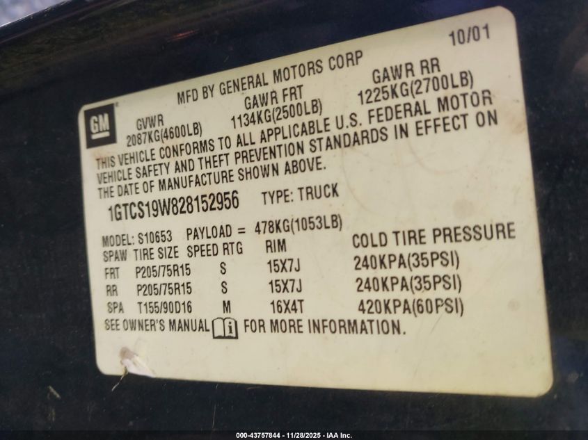 2002 GMC Sonoma Sls VIN: 1GTCS19W828152956 Lot: 43757844