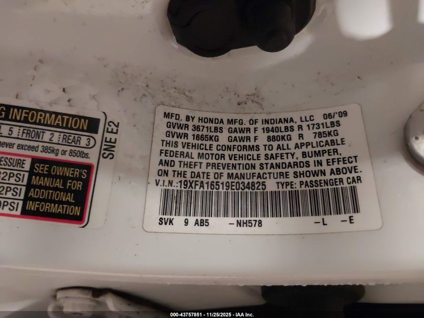 2009 Honda Civic Lx VIN: 19XFA16519E034825 Lot: 43757851