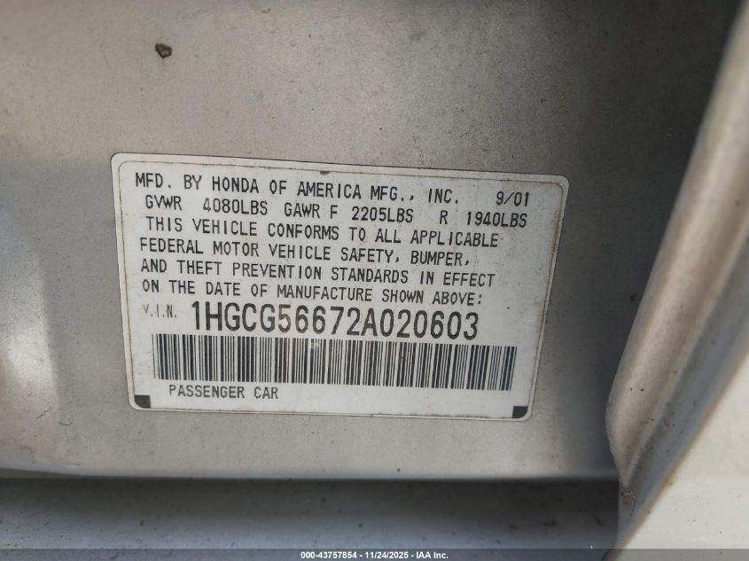 2002 Honda Accord 2.3 Ex VIN: 1HGCG56672A020603 Lot: 43757854