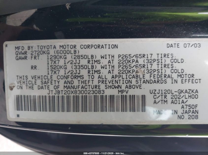 2003 Lexus Gx 470 VIN: JTJBT20X830023083 Lot: 43757855