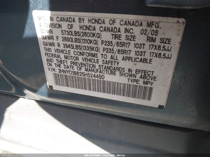 2005 Acura Mdx VIN: 2HNYD18825H524450 Lot: 43757858